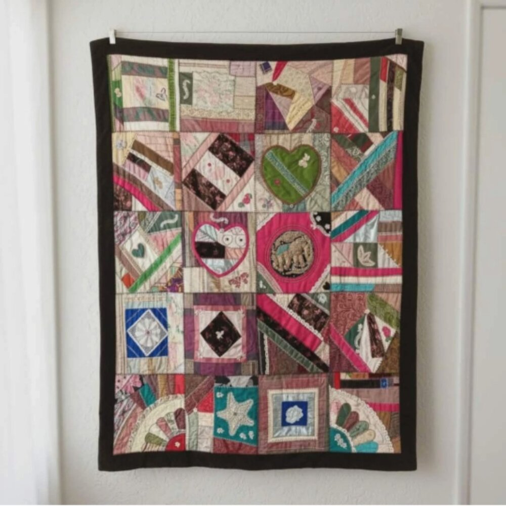 Handmade Crazy Quilt 60 x 76 Velvet Embellished Hand Quilted Pieced Wall Hanging
